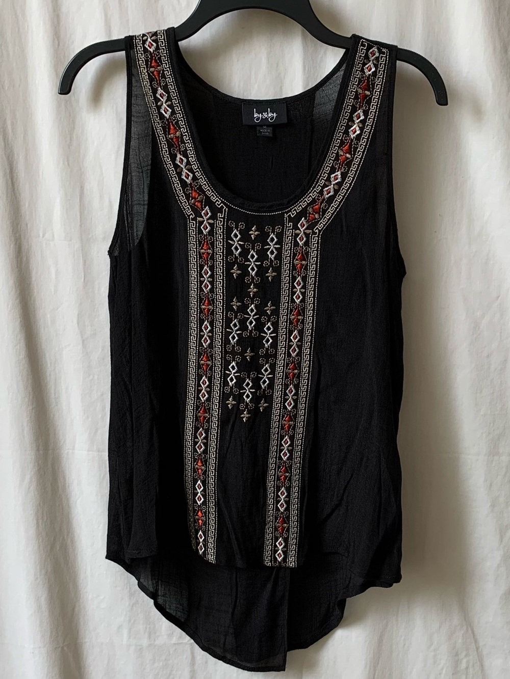 by & by Black Embroidered Boho Tank Top with Gold and Rust Accents